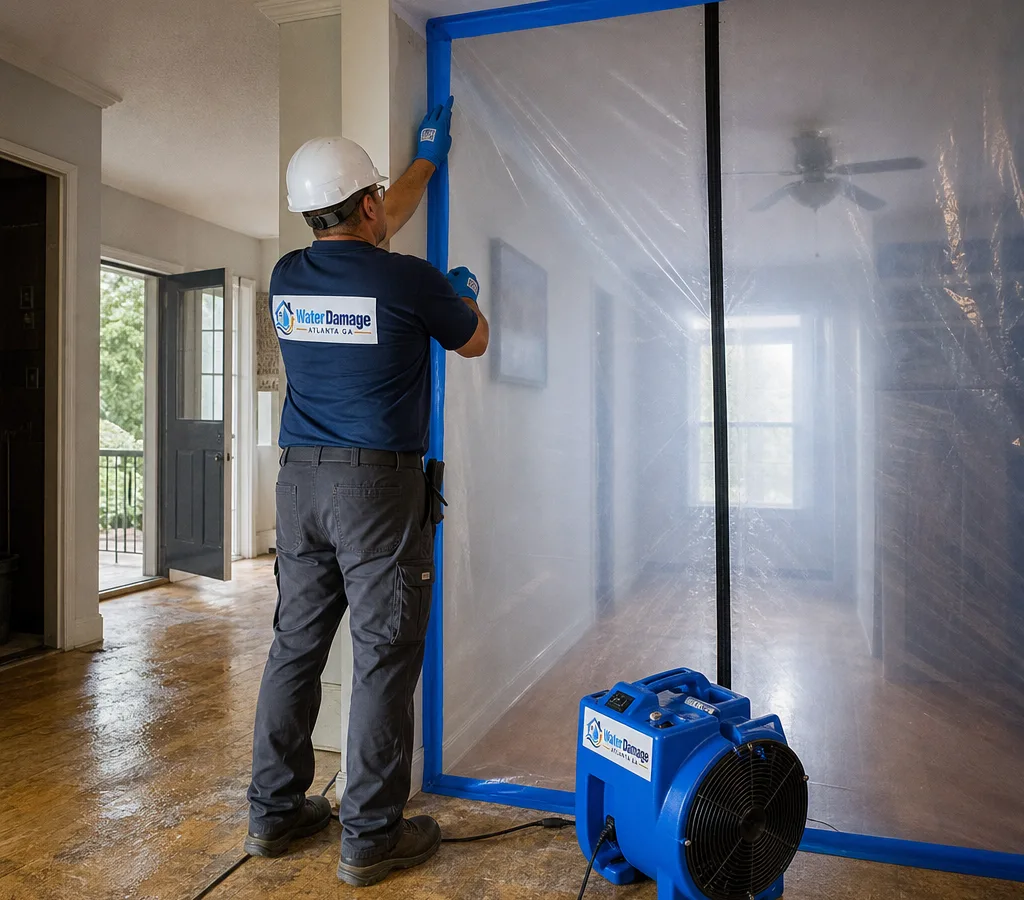 Technician in protective gear setting up containment with plastic sheeting and a negative air machine inside an Atlanta home