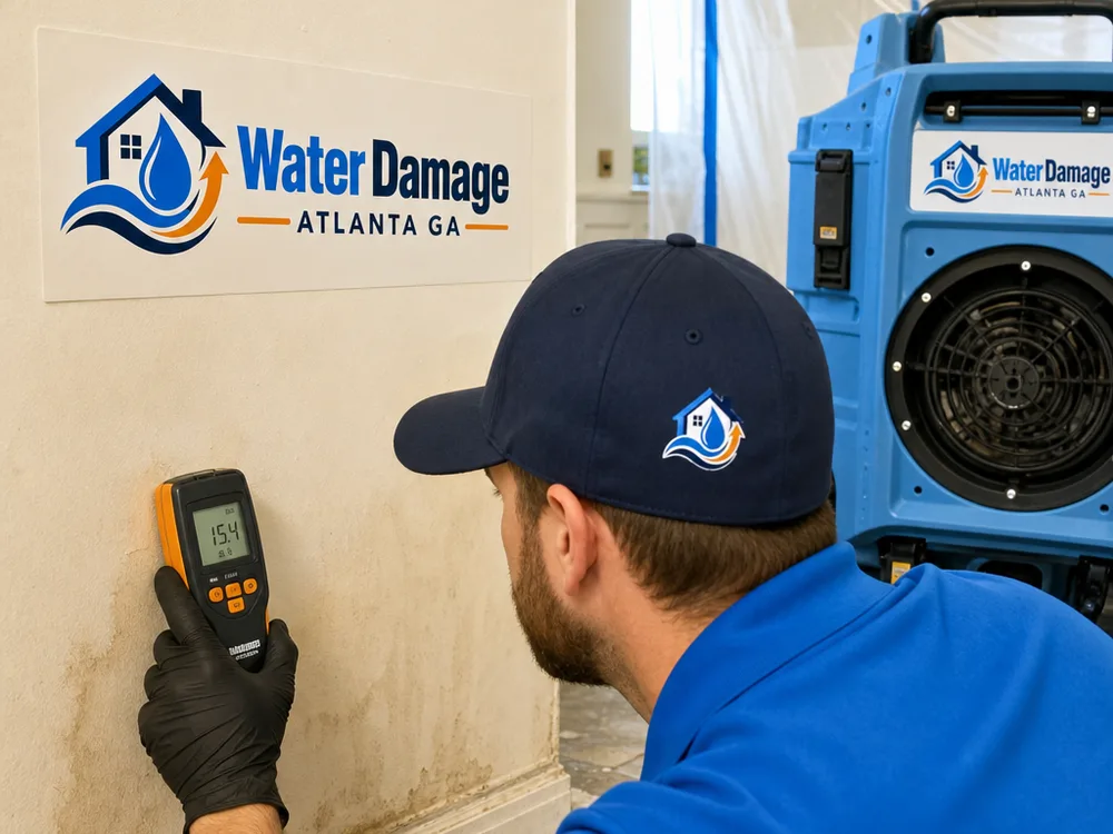 Moisture meter reading on drywall beside a contained work area with a HEPA air scrubber operating