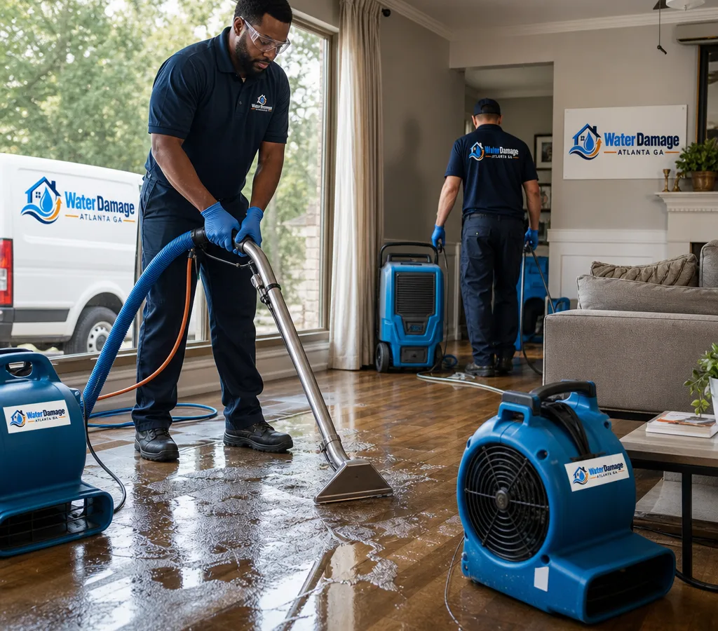 Technicians extracting water from an Atlanta living room with dehumidifiers and air movers staged for drying