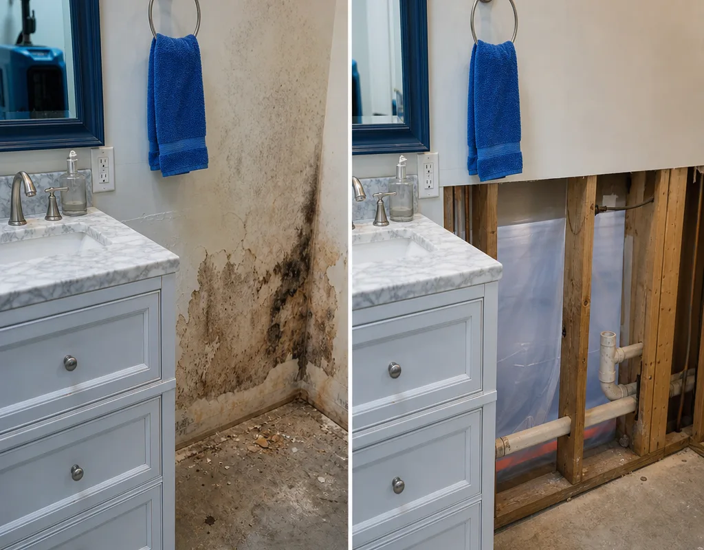 Before-and-after view of mold-stained drywall behind a bathroom vanity and cleaned framing ready for rebuild