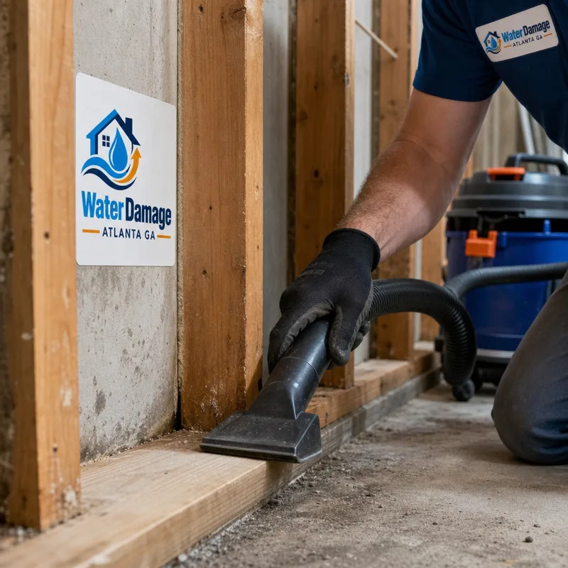 HEPA vacuuming exposed studs and a sill plate after drywall removal