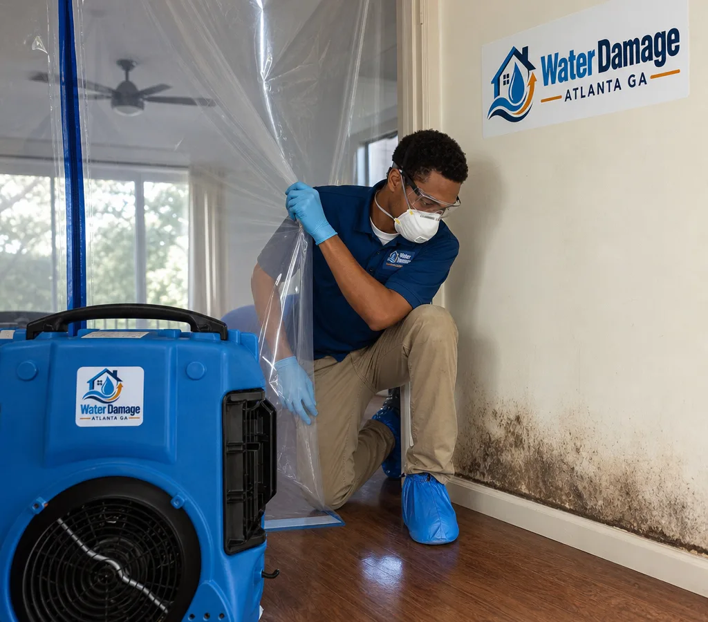Technician in PPE setting up plastic containment and a negative air machine in a residential room with visible mold staining near a wall baseboard