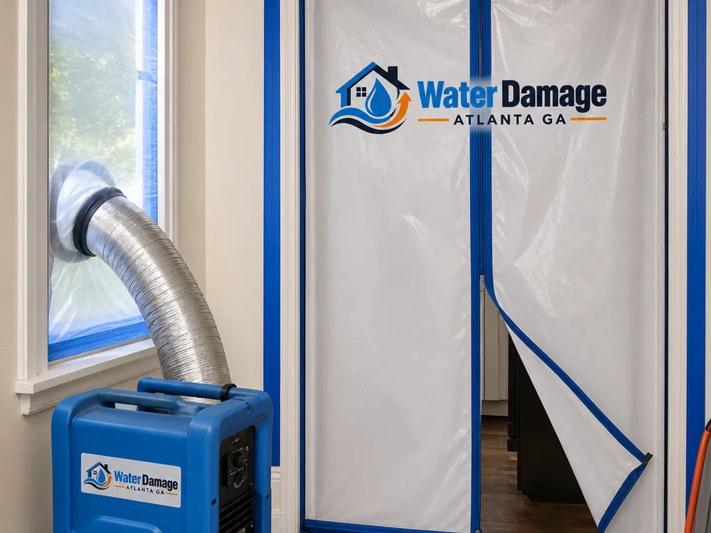 Sealed containment doorway with zipper access and a running negative air machine vented through a window panel