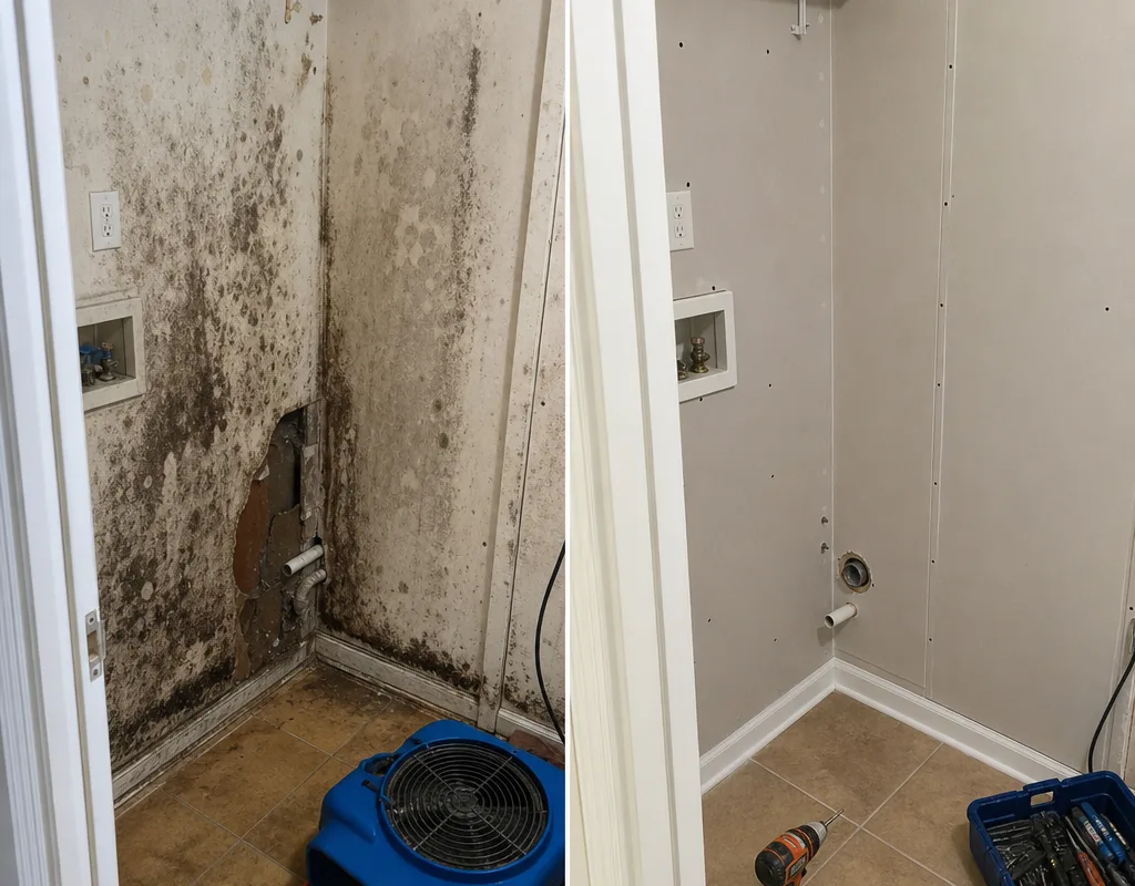 Before and after mold cleanup in a small laundry area showing stained drywall followed by clean framing and moisture-resistant drywall