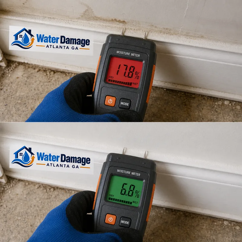 Moisture meter checking drywall before and after drying to verify normal moisture levels