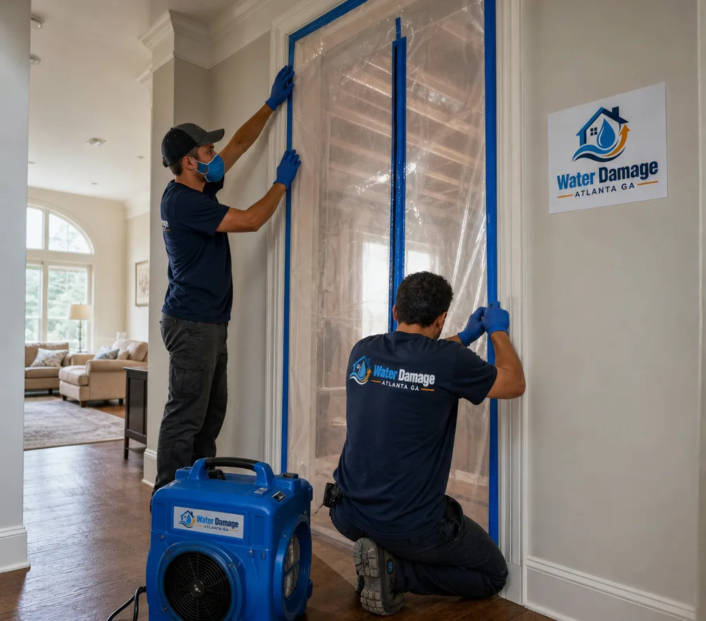 Technicians in protective equipment setting up plastic containment and a negative-air machine in an Atlanta home hallway