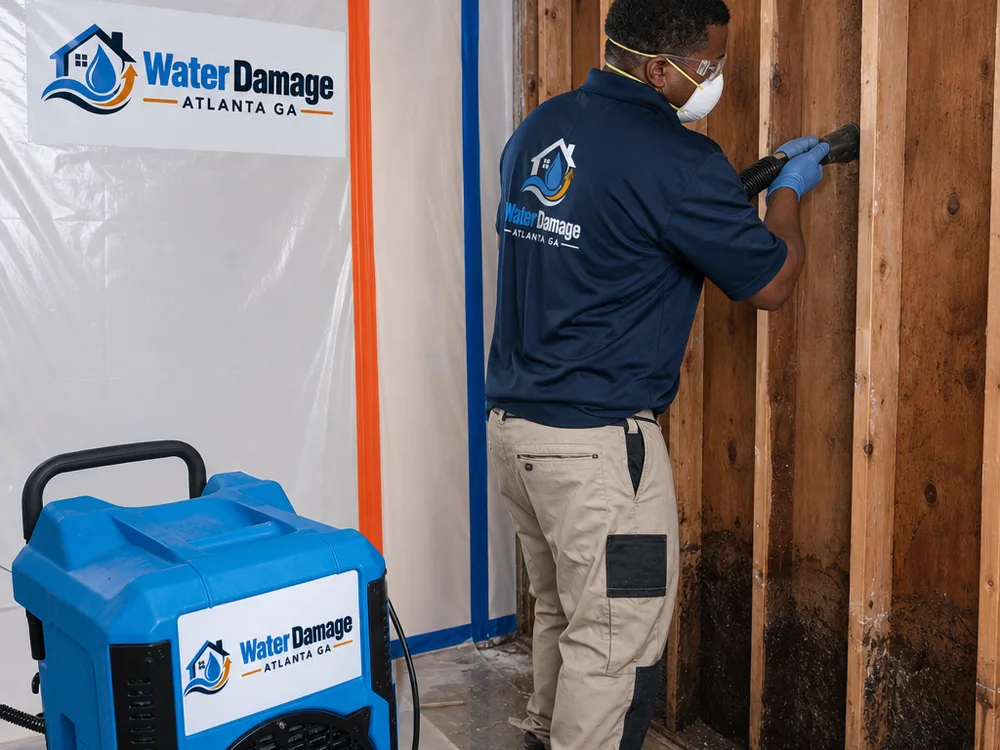 HEPA air scrubber and technician vacuuming exposed wall studs inside a sealed mold cleanup work zone