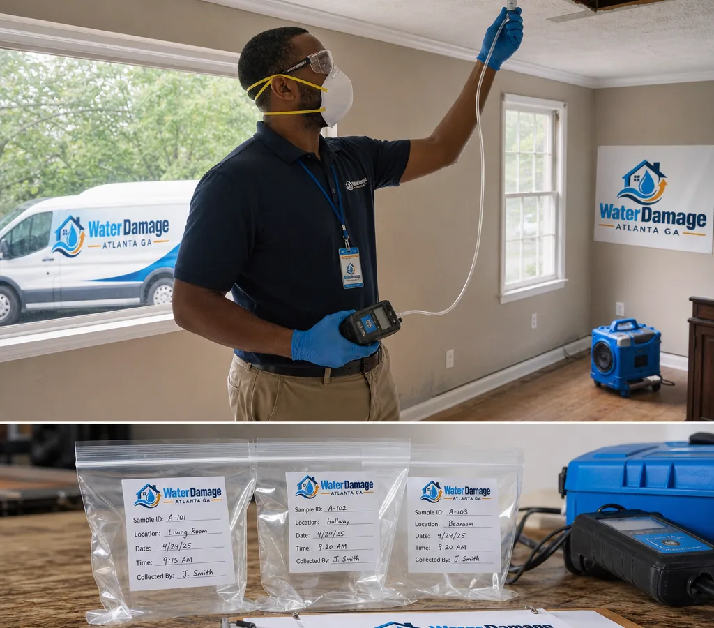 Inspector in protective equipment collecting an air sample with a calibrated pump beside labeled chain-of-custody sample bags in an Atlanta home