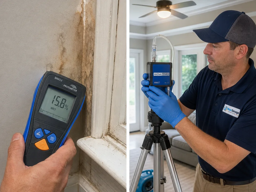 Inspector checking drywall near a window with a moisture meter and setting an indoor air sampling pump at breathing height