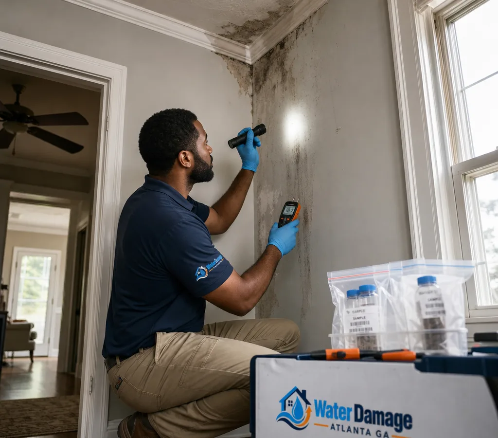 Inspector using a moisture meter to examine a suspect wall and ceiling corner in an Atlanta home