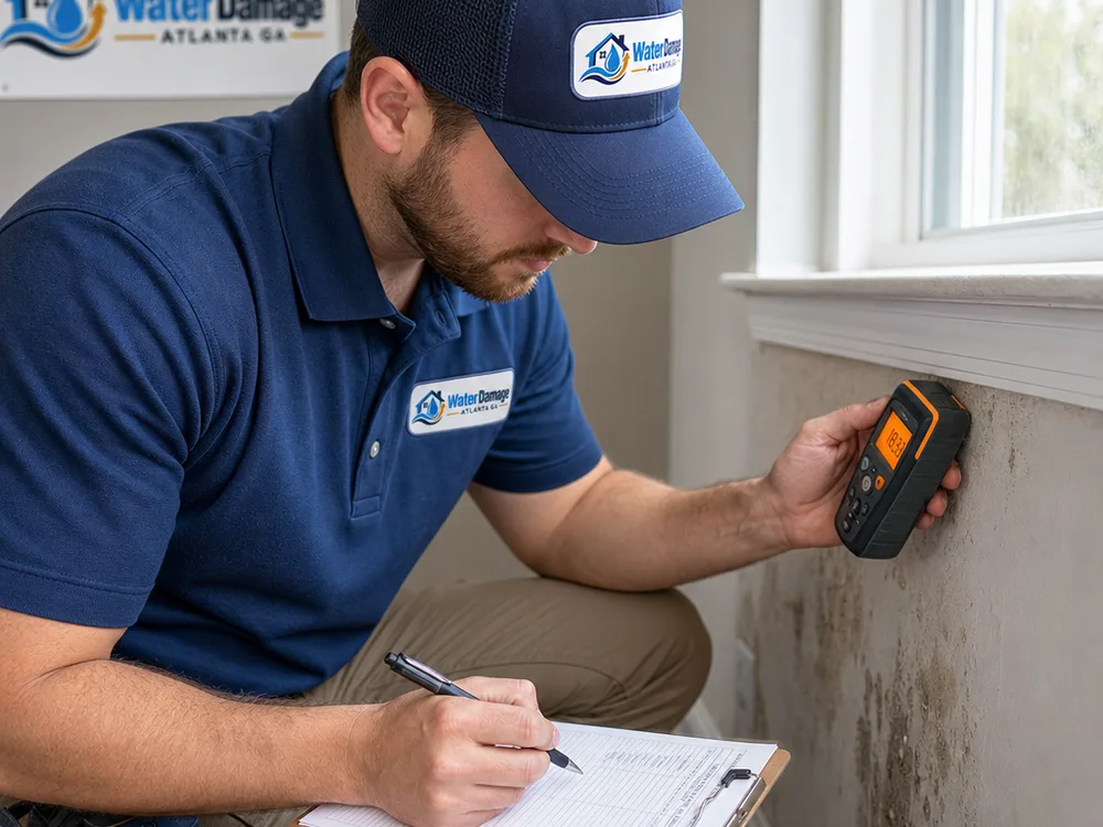 Technician documenting moisture readings near a window with a thermal camera ready for inspection