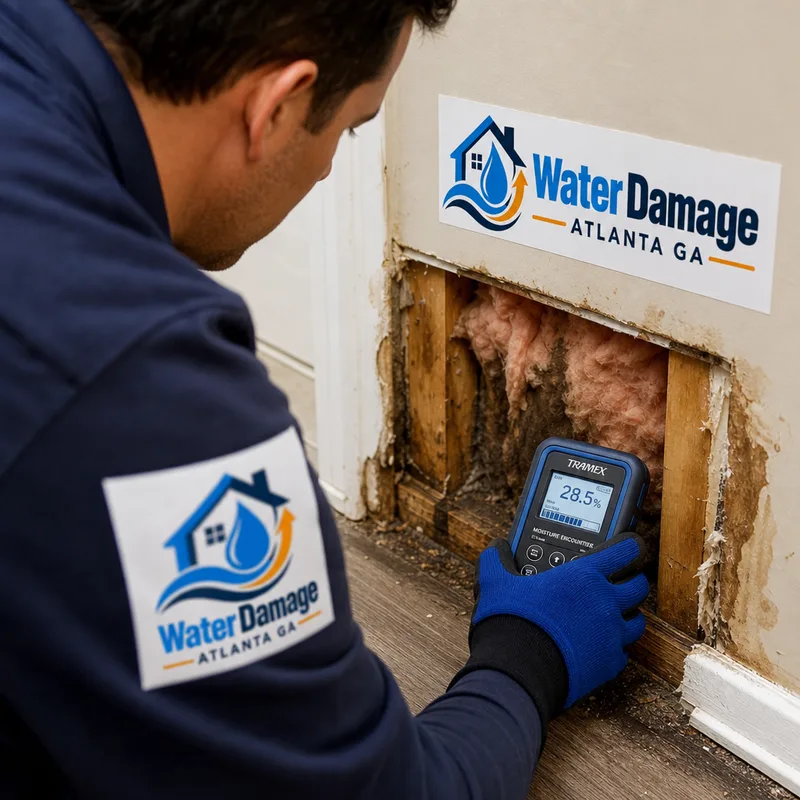 Technician taking moisture readings along baseboards and drywall beside removed trim and damp insulation