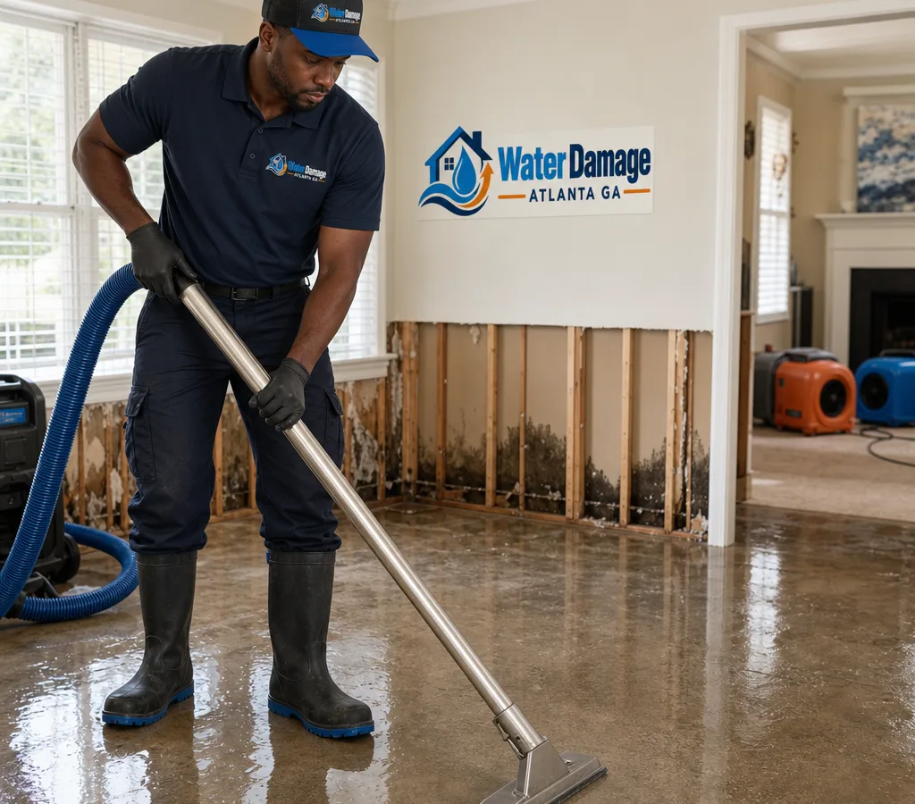 Technician in protective gear using extraction equipment inside an Atlanta home with water intrusion and containment in place