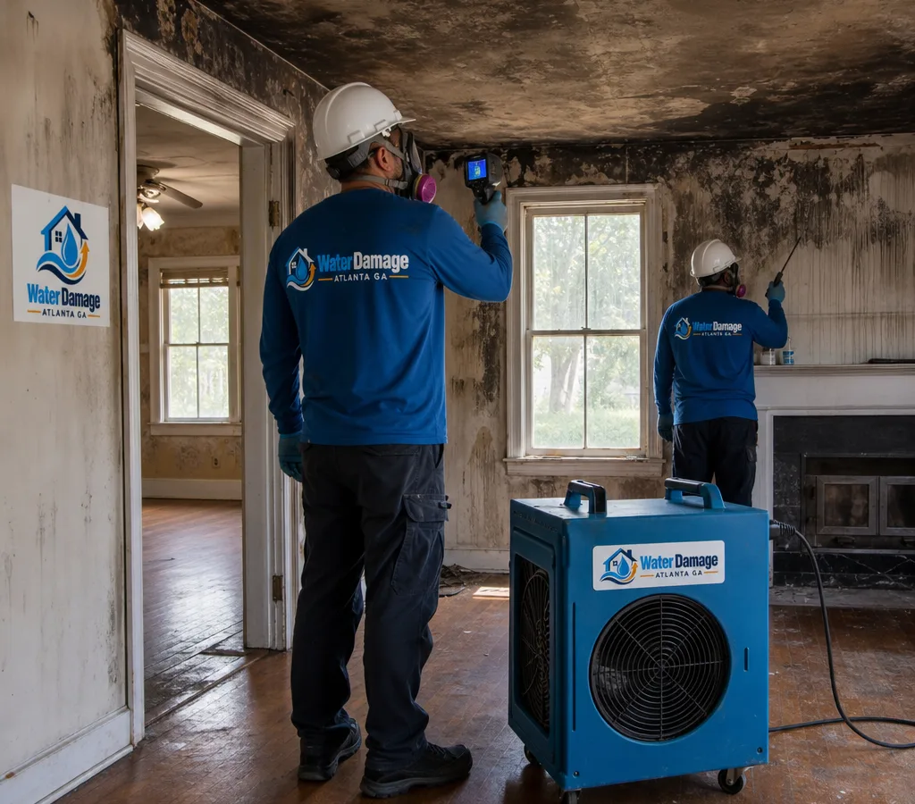 Restoration technicians inspecting a soot-damaged Atlanta living room with a portable HEPA air scrubber