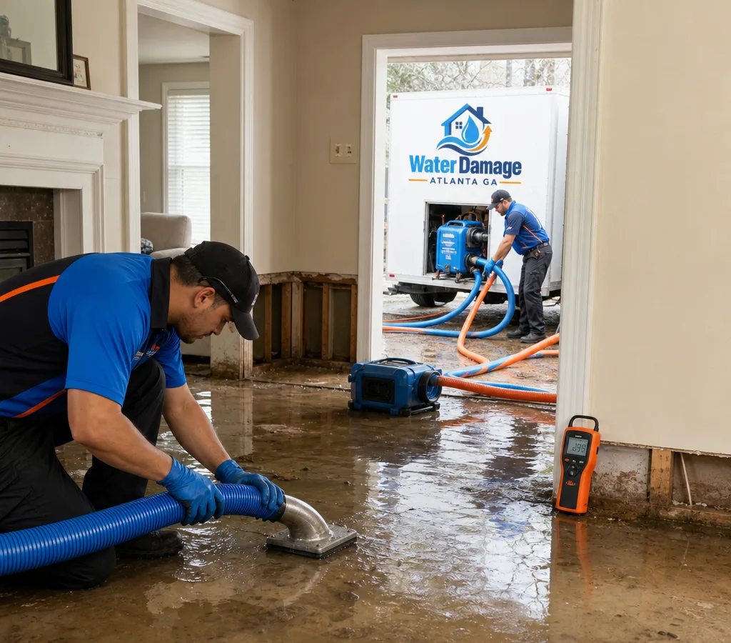 Technicians in protective gear extracting standing water from an Atlanta home with hoses and moisture meters