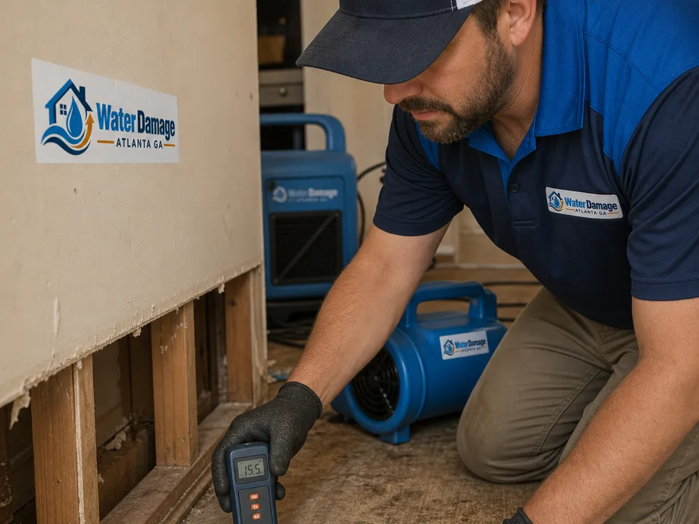 Technician taking moisture readings on drywall and subfloor while drying equipment operates