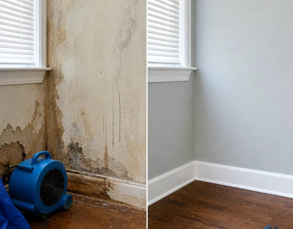 Water-stained drywall and swollen baseboards before repair, followed by the repaired and repainted wall with new baseboard