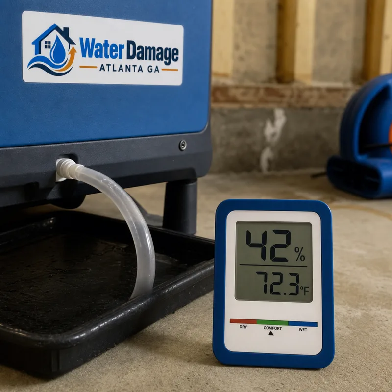Dehumidifier drain line setup and hygrometer reading inside a contained drying area