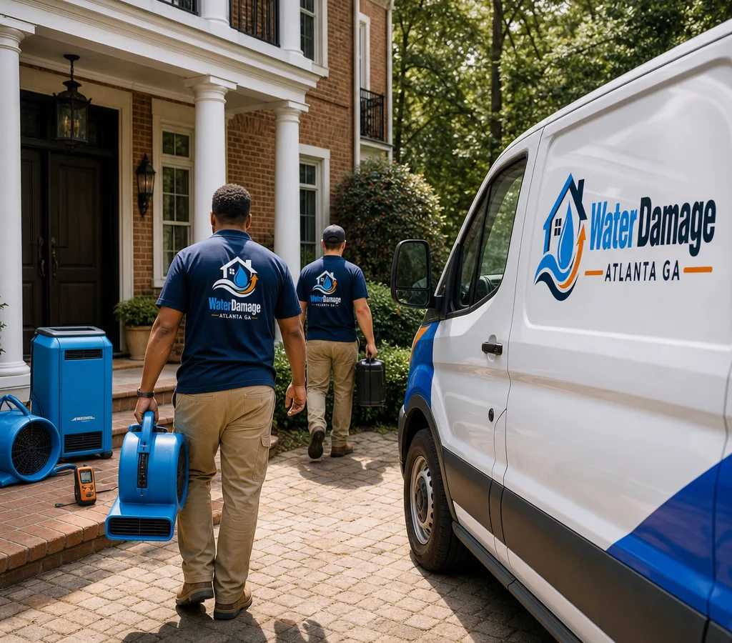 Technicians arriving at an Atlanta residential property with restoration equipment staged neatly at the entry