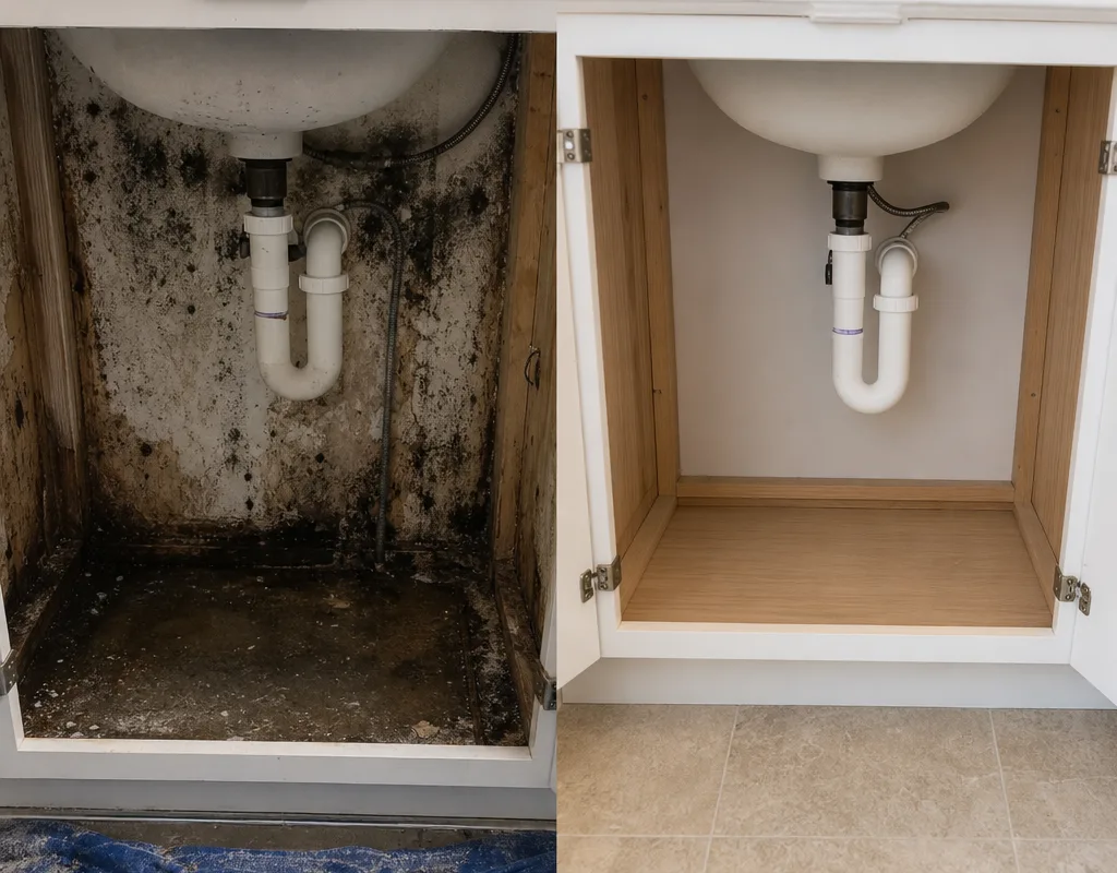 Before-and-after view of mold remediation beneath a bathroom vanity, from visible staining to clean rebuild-ready framing