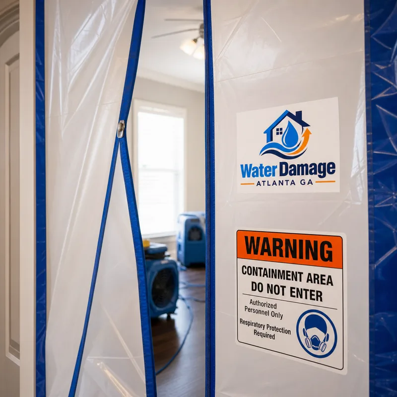 Sealed mold containment doorway with zipper access and warning signage inside a home