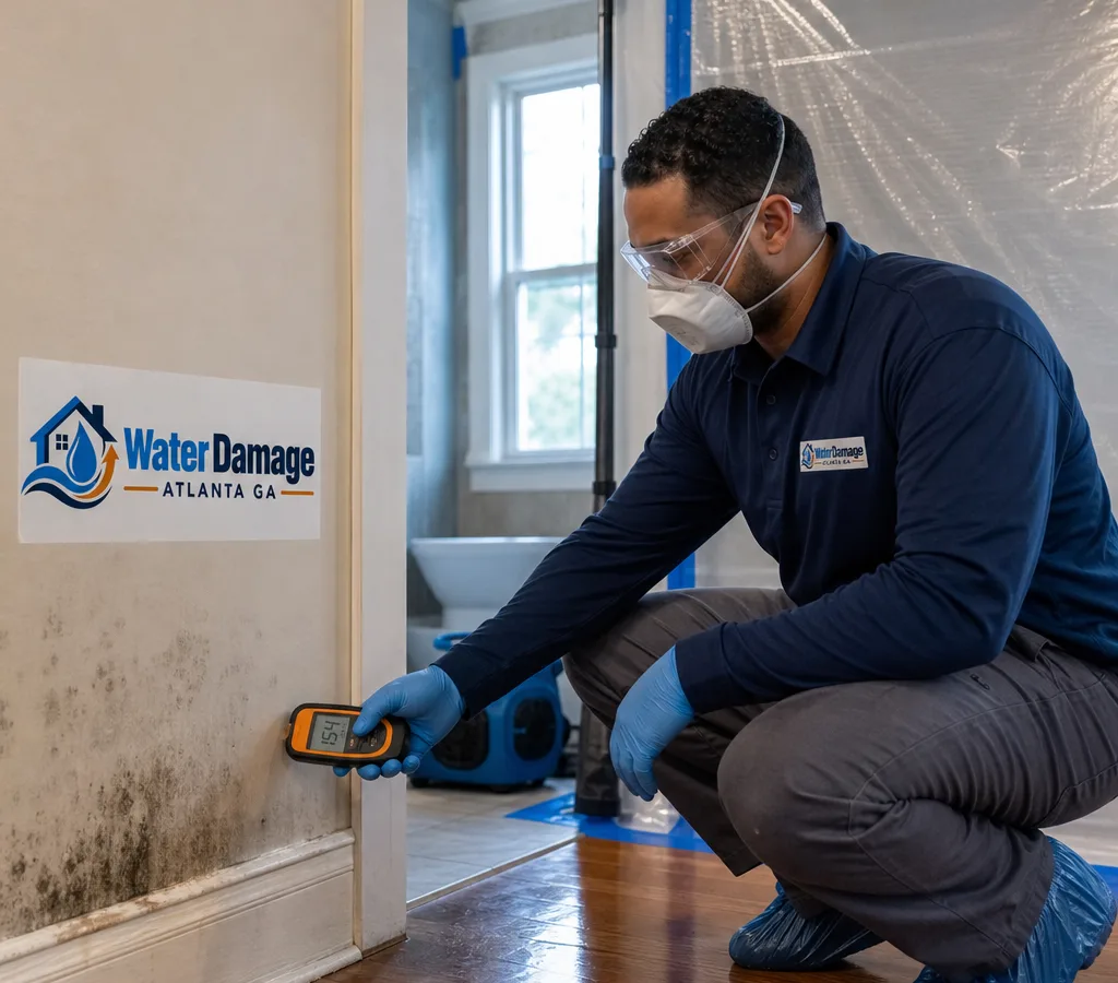 Mold specialist in protective equipment inspecting an Atlanta bathroom wall with a moisture meter near containment plastic