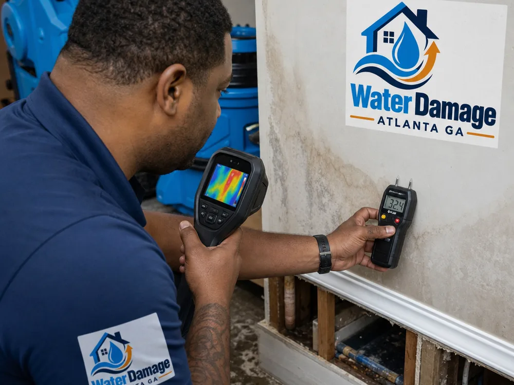 Technician documenting a drywall moisture map with thermal imaging and a pin-type moisture meter near a baseboard