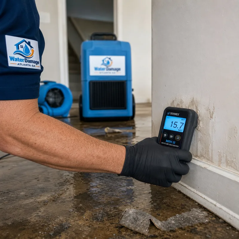 Technician taking moisture readings on lower drywall while air movers and a dehumidifier operate