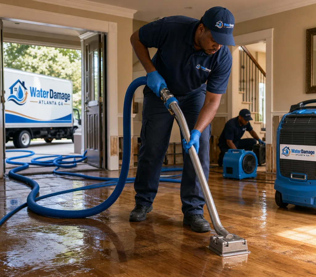 Restoration technicians extracting water inside an Atlanta home with hoses, air movers, and dehumidifiers