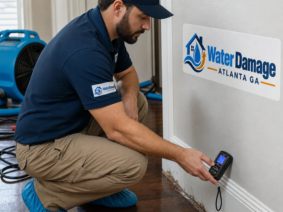 Technician checking moisture near hardwood flooring while drying equipment operates