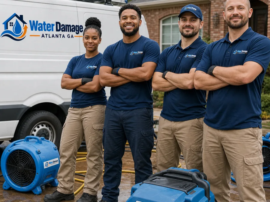 Atlanta restoration team beside a service van and drying equipment at a residential jobsite