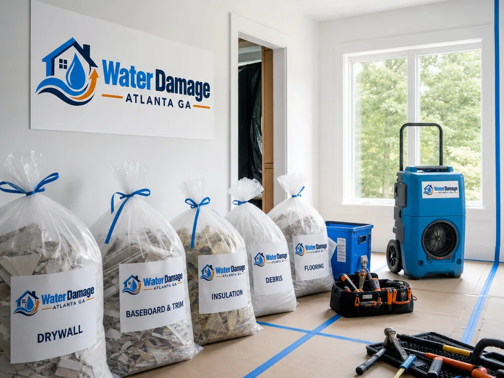 Organized restoration staging area with labeled debris bags, floor protection, and tools for demolition and rebuild preparation